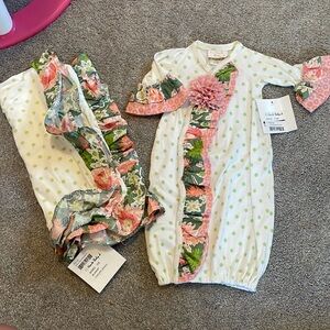 Haute Baby 0-3M April meadows gown NWT with matching blanket.